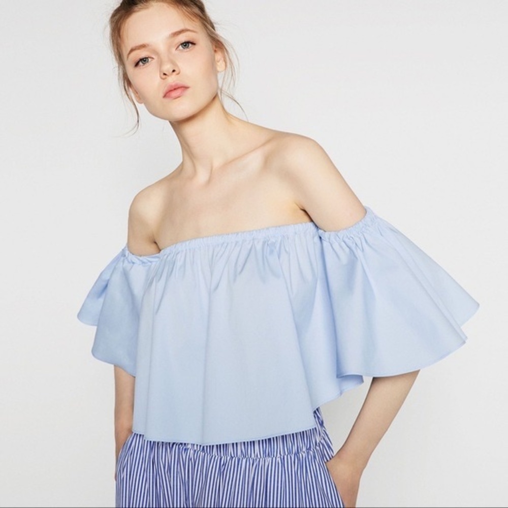 Zara off shoulder baby blue crop top